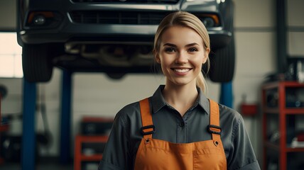 Smiling young female mechanic standing under lifted car, holding tools and looking at camera in car service garage.