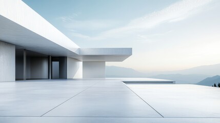 Fototapeta premium 3D modern architecture with empty concrete floor and minimal white exterior, suitable as a car presentation backdrop.