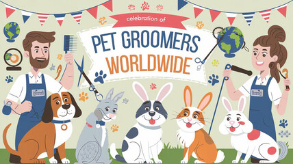 Fototapeta premium Colorful Celebration of Pet Groomers Worldwide: Grooming Dogs, Cats, and Rabbits with Tools, Flags, and Globes