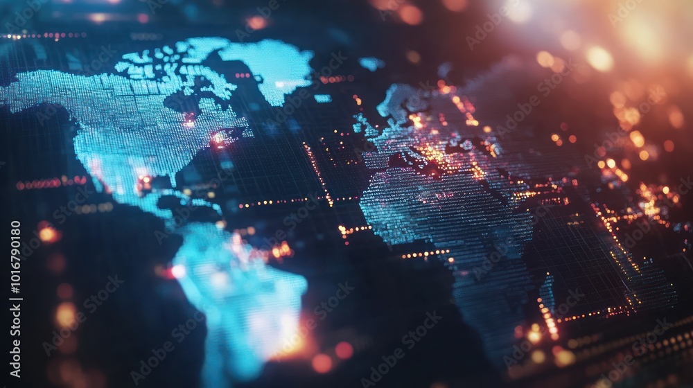 Poster a digital world map illuminated by data points and connections, symbolizing global networks.