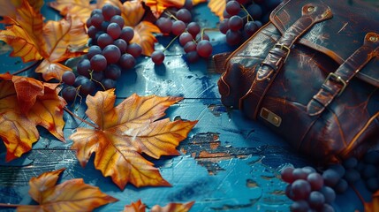 Autumn scene with colorful leaves grapes and leather bag