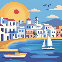 Naklejka premium A flat style travel poster of Mykonos showcases the island's iconic white buildings and blue sea in a minimalist square design. Perfect for travel-themed decor and vacation posters.