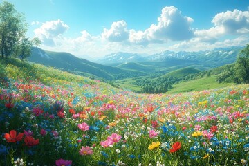 Fototapeta premium enchanting spring meadow vibrant wildflowers in foreground rolling green hills azure sky with wispy clouds soft sunlight idyllic pastoral scene photorealistic rendering
