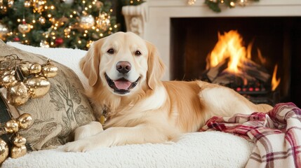 Obraz premium A golden retriever relaxes on the sofa in a cozy living room featuring a carbon electric fireplace and beautiful plants for a warm, inviting ambiance