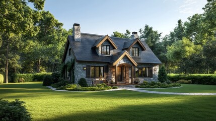 A charming cottage house stands proudly in the daylight amidst a lush green lawn, its exterior rendered in stunning 3D detail.