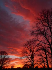 Obraz premium A bold, fiery sunset sky with deep crimson red hues dominating the horizon, with silhouetted trees and the last light of the day fading 