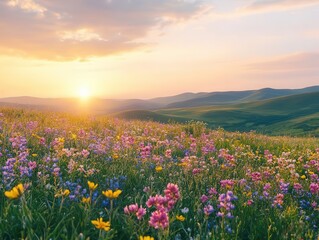 Obraz premium panoramic view of a sun-drenched meadow bursting with colorful wildflowers, set against a backdrop of rolling hills and a dramatic sky at golden hour