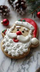 Obraz premium Decoratively Iced Santa Claus Cookie With Festive Ornaments and Natural Elements on a Marble Surface