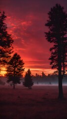 Obraz premium A bold, fiery sunset sky with deep crimson red hues dominating the horizon, with silhouetted trees and the last light of the day fading 