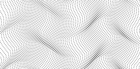 Flowing dots particles wave pattern 3D curve halftone black gradient curve shape isolated on white background. Stylized Grunge halftone dots line vector texture and pattern background .