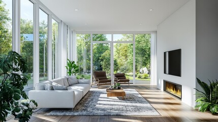 Fototapeta premium The open-plan living area features panoramic windows with garden views, cozy furniture, a TV, recliner, electric fireplace, hardwood floors, white decor, houseplants, and a rug.