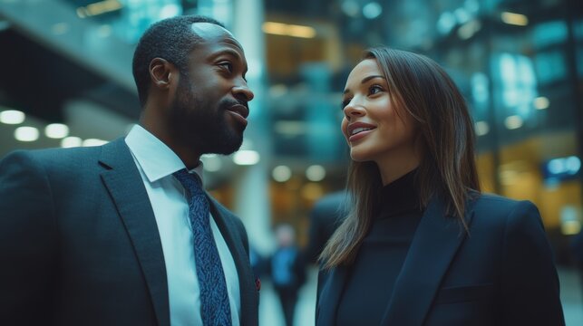  multinational business people having a conversation in a lobby,