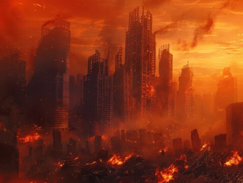 post-apocalyptic urban landscape, crumbling skyscrapers engulfed in raging inferno, dramatic orange glow illuminating destruction