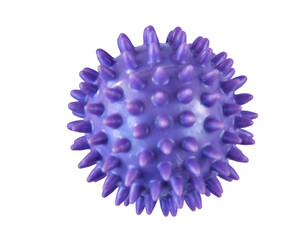 Blue rubber plastic spiky massage ball isolated on white. Close-up