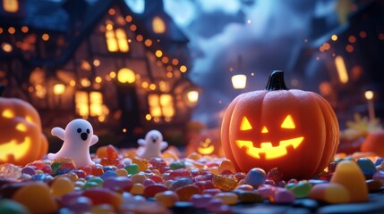 Spooky Halloween Jack o  Lantern with Candy and Ghosts