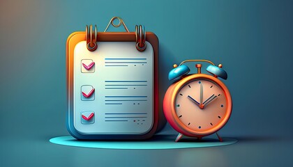 checklist and a clock, perfect for time management concepts.Time management planning, organization and control concept for effiecient succesful and profitable business. 3D rendering.