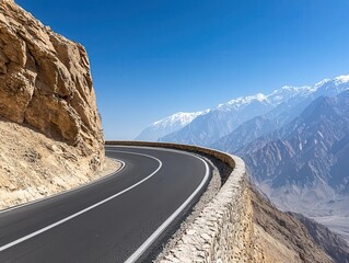 Karakoram Highway along a rocky cliff, with the road seemingly carved out of the mountain, Carved cliff Karakoram, Dramatic, adventurous, scenic