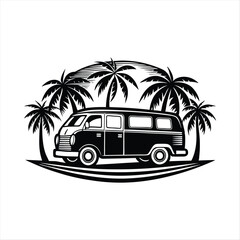 Vintage Beach Van with Surfboard on Roof - Retro Travel and Adventure Vehicle Silhouette. 