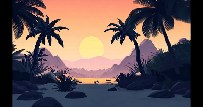 A cartoon-style background of an oasis with palm trees and grass, with small rocks in the foreground. The setting sun is visible on one side behind low mountains. There should be no shadows or text. I