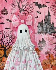 Cute ghost with pink bow in Halloween setting.