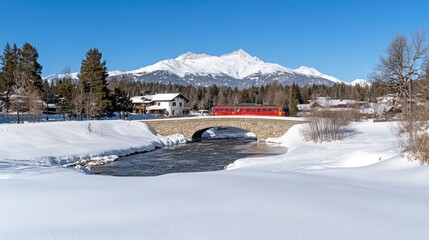 Fototapeta premium A beautiful red train travels over a stone bridge surrounded by stunning winter landscapes in the Swiss mountains, highlighting exceptional views and serene snow-covered scenery