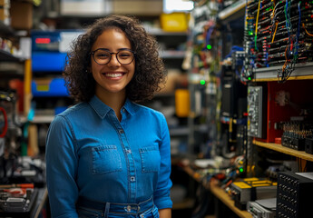 A smiling woman network engineer standing at her workplace