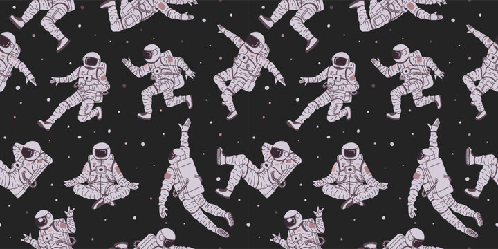 Vector seamless pattern with astronauts in flight, wearing a spacesuit on a black background