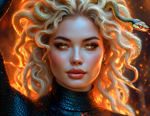 Enchanting Medusa with Fiery Eyes and Serpentine Hair