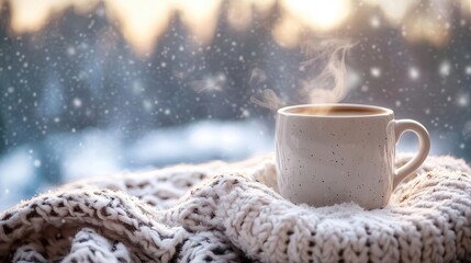 a cozy winter scene features a steaming cup of hot coffee and a blanket, set against a snowy landscape, evoking warmth and comfort during the festive season
