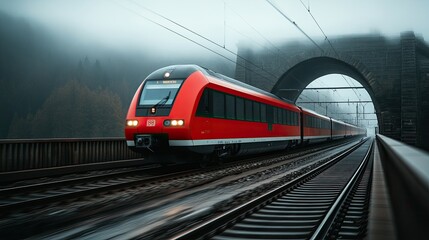 Fototapeta premium A beautiful red train travels over a stone bridge surrounded by stunning winter landscapes in the Swiss mountains, highlighting exceptional views and serene snow-covered scenery