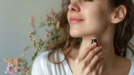 Woman smell natural essential aroma oil close up	
