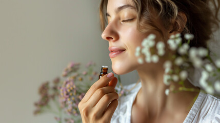 Woman smell natural essential aroma oil close up	