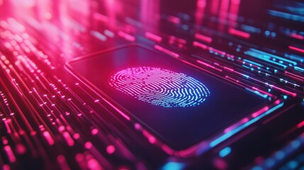 a high-tech security system concept featuring a fingerprint scanner against a sleek neon background, emphasizing the importance of personal data protection in a digital era