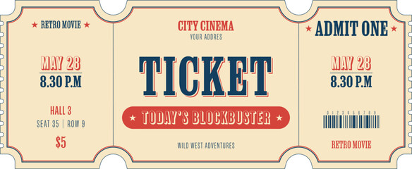 Universal vintage ticket template in dark blue and red on a light beige background. For cinemas, parties, clubs, concerts and other retro events. Vector, printable. Just add your text.