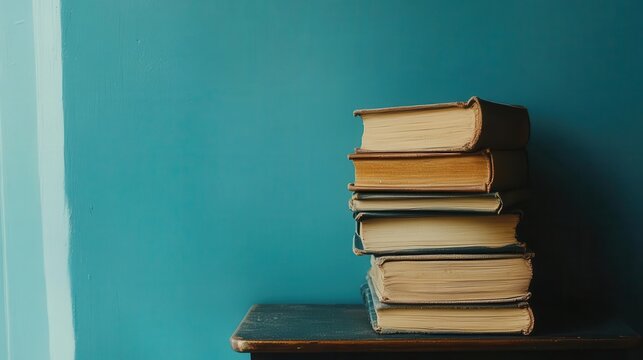 a nostalgic stack of books resting on a table next to a blue wall, presented in a retro vintage style that evokes a sense of warmth and timeless charm