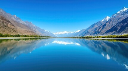 Karakoram Highway along a river, with reflections of the mountains in the calm water, Riverside Karakoram, Scenic, tranquil, majestic