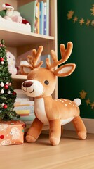 A cute plush reindeer stands beside a colorful Christmas tree and presents, creating a festive atmosphere perfect for holiday decorations.