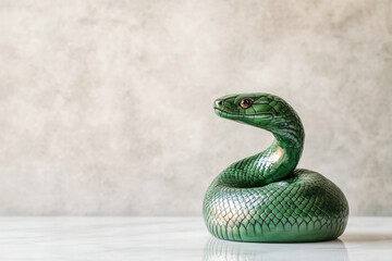 Fototapeta premium Green Wooden Snake Figurine Coiled on White Marble Surface, Minimal Chinese New Year Decor, Copy Space