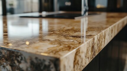 a stunning close-up of a marble granite kitchen counter island, bathed in natural light, showcasing exquisite patterns and textures in a modern kitchen setting