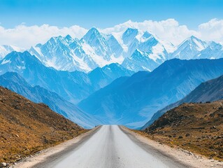 Karakoram Highway winding through snow-capped mountains, with deep valleys below, Karakoram Highway, Scenic, adventurous, rugged