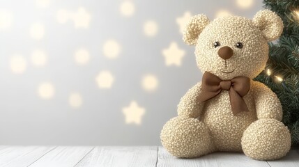 Fototapeta premium Teddy Bear Christmas Decoration with Bokeh Lights and Pine Branches