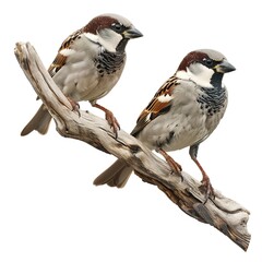 Obraz premium Pair of sparrows perched on a branch cut out on a white background for versatile use, png. 