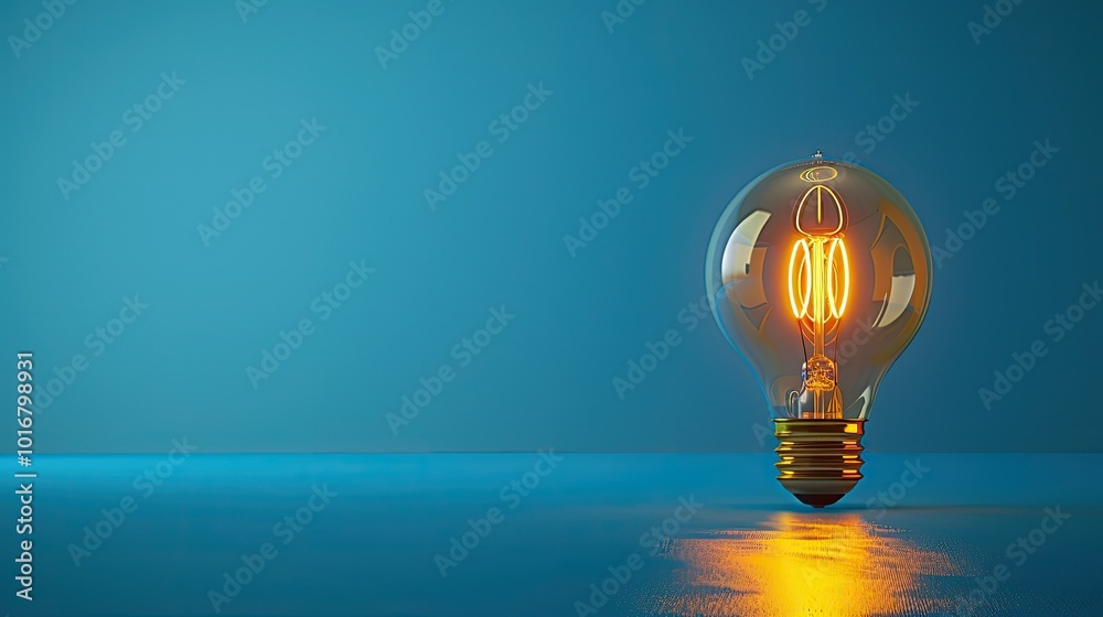 Wall mural a solitary lightbulb illuminating a blue background with copy space