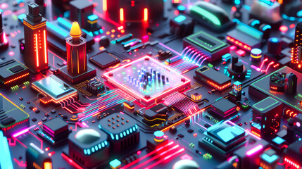 Futuristic cityscape with a 3D isometric computer chip and glowing data circuits showcasing urban artificial intelligence technology