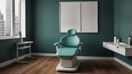 Obraz premium Mint Comfort: Dental Chair in Refreshing Colors with Blank Posters on the Wall