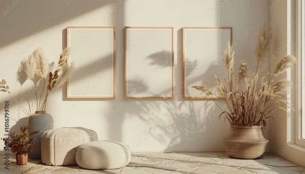 Aufkleber a cozy interior featuring three empty frames on a light wall, surrounded by dried plants and soft te