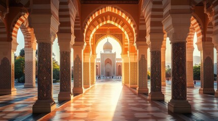 arab archway leading to a mosque, imbued with cultural significance and a serene atmosphere, emphasizing the beauty of islamic architecture during ramadan