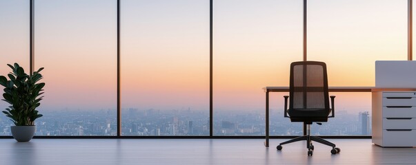 Obraz premium A modern office interior featuring a sleek chair, desk, plants, and expansive windows showcasing a sunset view over the city skyline.