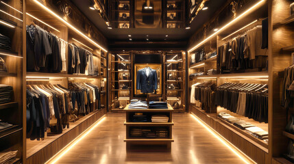 Explore a luxurious fashion store showcasing elegant designer clothing and accessories in a beautifully lit and inviting environment