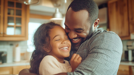 Obraz premium Father and daughter share a joyful hug in their rustic kitchen, celebrating Earth Day with laughter and love in a cozy family moment